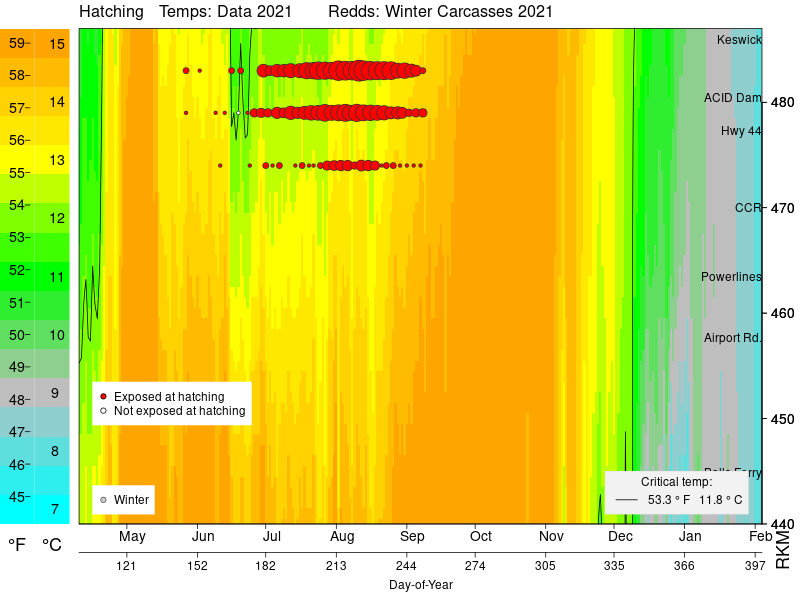 SacPAS Fish Model v3.0 Results for BY2021 Temperature Exposure for Hatching. Redds are represented by filled circles, with larger circles indicating more numerous redds. Redd data from CDFW Carcass Surveys.